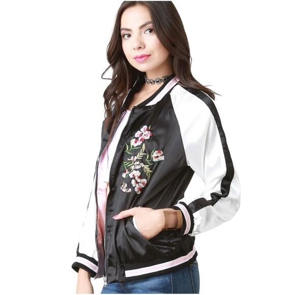 Reversible Charmeuse Embroidered Bomber Jacket Reversible Pockets Black Pink - Picture 6 of 11
